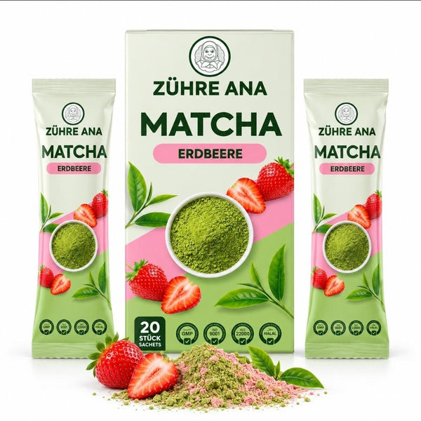 Matcha Erdbeere – Premium Matcha Grüntee Getränkepulver mit Erdbeere – 20 Portionsbeutel – 160 g – Zühre Ana