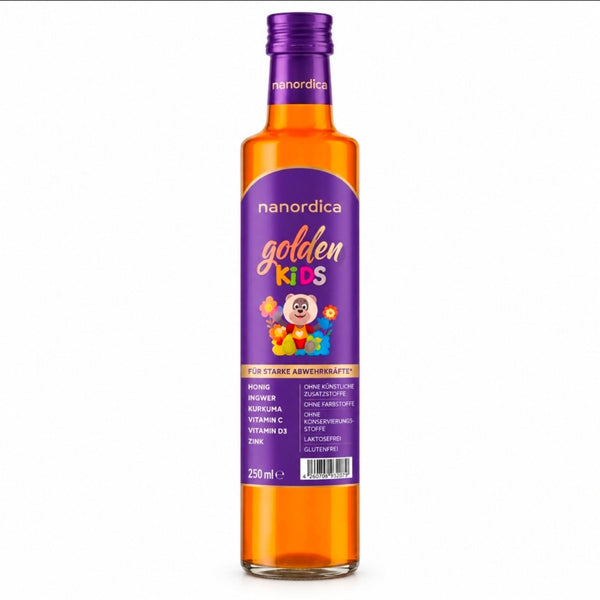 Golden Kids 250 ml – Kinder Nahrungsergänzung mit 10 Pflanzenextrakten, Gelée Royale & Orangenaroma – Momordica